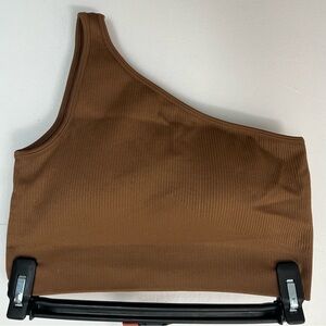 OQQ Ribbed One-Shoulder Crop Top — Brown